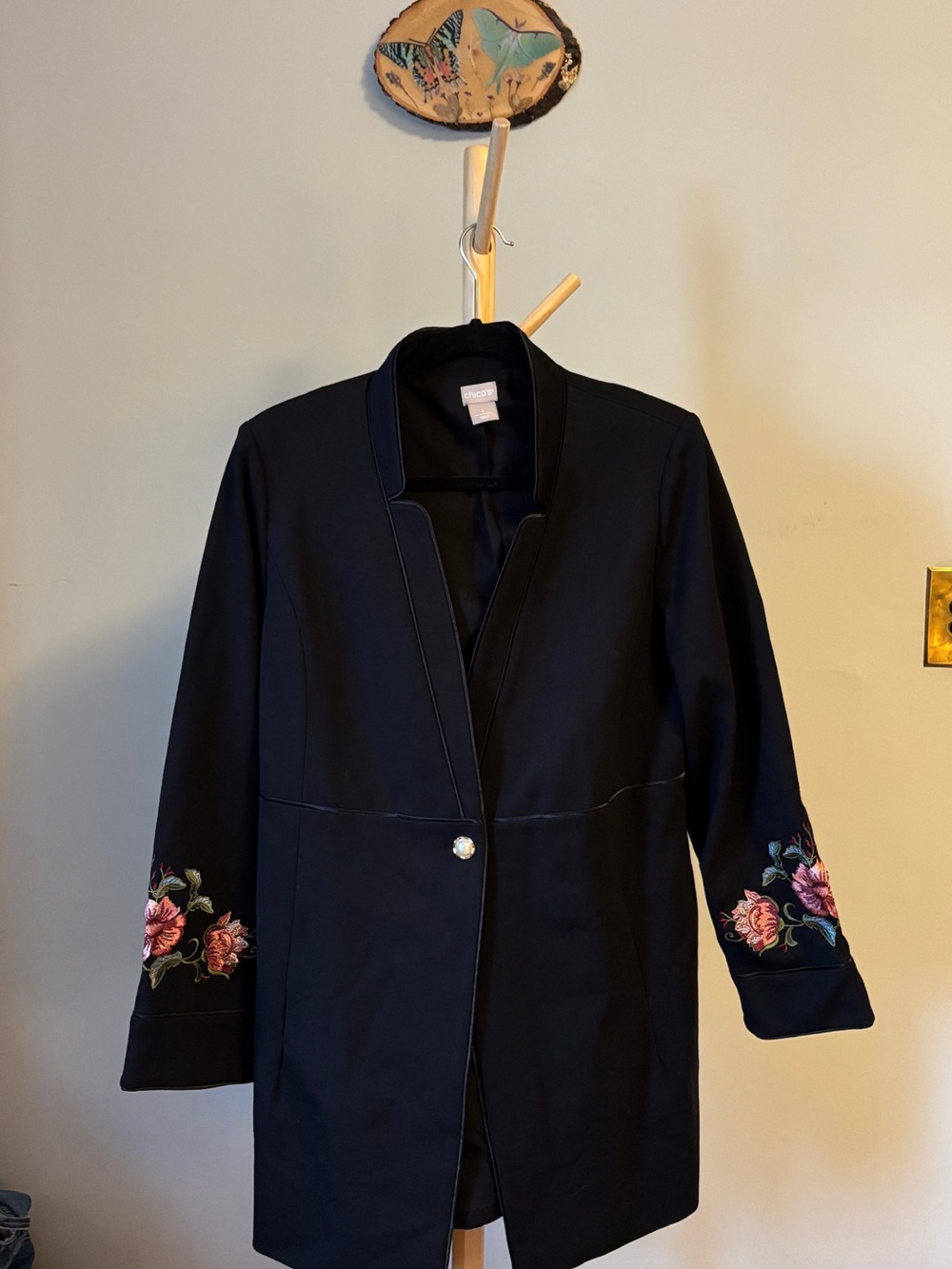 Chico's Black Long Blazer with Floral Sleeve Embroidery